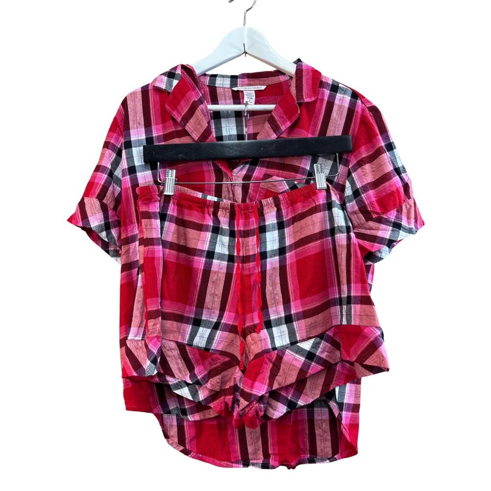 Victorias Secret Womens Red Plaid Pajama Set Button-Up Top & Shorts M